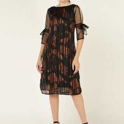 DODO & MOA Black Boat Neck Print Slit Sleeve A-Line Dress-image-69