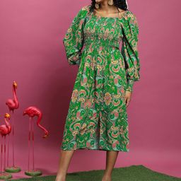 Tokyo Talkies Ethnic Motifs Printed Puff Sleeve Smocked A-Line Dress-picture-4