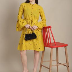 Tulsattva Geometric Printed Bell Sleeves Tie-Ups Cotton A-Line Dress With Belt-picture-10