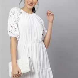 ANAI Puff Sleeve Gathered or Pleated Schiffli Cotton A-Line Dress-picture-54