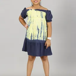 KiddoPanti  Girls Tie and Dye Print Off-Shoulder Puff Sleeve A-Line Dress-10