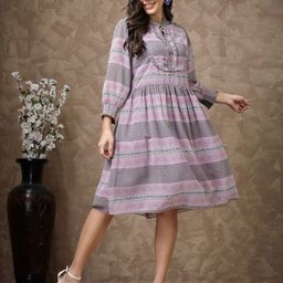 Nayam By Lakshita Floral Print Tie-Up Neck Puff Sleeve A-Line Dress-image-87