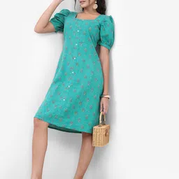Vishudh Turquoise blue Floral Printed Puff Sleeves A-Line Dress-image-58