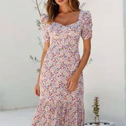 StyleCast White Floral Print Puff Sleeve Sweetheart Neck A-Line Dress-image-64