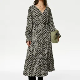 Marks & Spencer Floral Printed Cuffed Sleeves Gathered A-Line Midi Dress-image-93