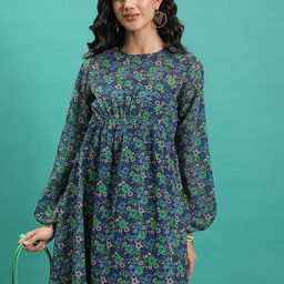 Tokyo Talkies Green Floral Printed Puff Sleeve Gathered Fit & Flare Dress-picture-32