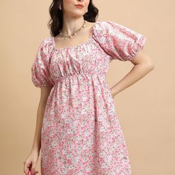 Tokyo Talkies Pink Floral Printed Square Neck Puff Sleeves Gathered Detailed A-Line Dress-image-53