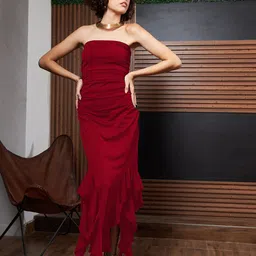 Athena Red Ruffled Strapless Asymmetric Hem Maxi Dress-image-34