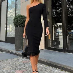 StyleCast Black One Shoulder Fringed Sheath Dress-image-37
