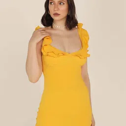 STARIN V-Neck Ruffled Crepe Bodycon Mini Dress-image-40