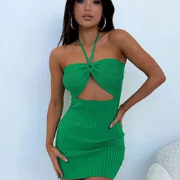 StyleCast Green Self Design Halter Neck Cut-Out Bodycon Mini Dress-picture-21