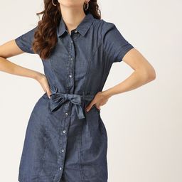DressBerry Navy Blue Denim A-Line Belted Dress-image-46