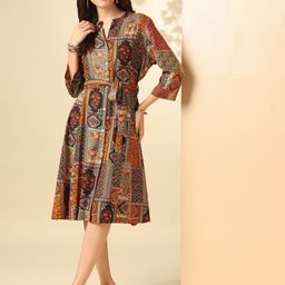Anouk Ethnic Motifs Printed Mandarin Collar Tie-Ups Detail A-Line Dress-picture-31