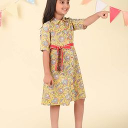 Fabindia Girls Cotton Floral Hand Block Printed T-shirt Dress image 5