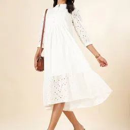AKKRITI BY PANTALOONS Self Design Cotton Mandarin Collar Flared A-Line Midi Dress-picture-30