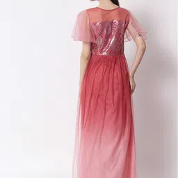 VAANI CREATION Pink Embellished Net Flutter Sleeves Maxi Dress image 5
