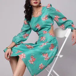 Anouk Floral Print Cut-Out Bishop Sleeves Fit & Flare Cotton Knee Length Dress-picture-11