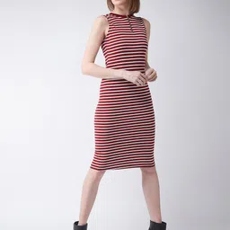 Dressberry Basics Maroon & White Striped Cotton Bodycon Dress-image-61