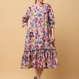 BLACK & BLAH BLAH Printed Round Neck Fit & Flared Cotton Dress-image-4