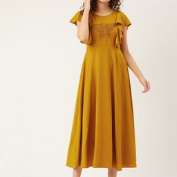 U&F Women Mustard Yellow Solid with Butterfly Applique Detail A-Line Dress-image-51