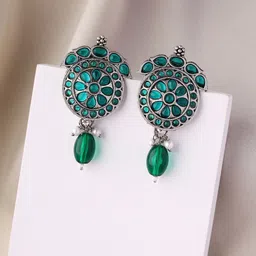 Priyaasi Silver-Plated Oxidised Stone Studded Contemporary Drop Earrings-image-42