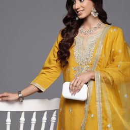 Indo Era Floral Embroidered Regular Sequinned Kurta with Trousers & Dupatta-picture-58