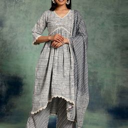 Libas Bandhani Printed Pleated Pure Cotton Kurta with Palazzos & With Dupatta image 1