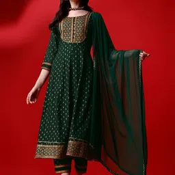 KALINI Floral Printed Regular Kurta With Trousers & Dupatta image 1