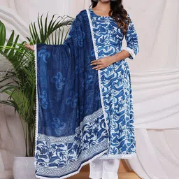 PARTHVI Women Printed Regular Thread Work Kurta with Trousers & With Dupatta image 1