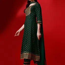 KALINI Floral Printed Regular Kurta With Trousers & Dupatta image 3