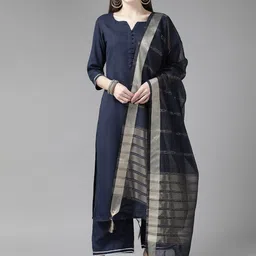 Indo Era Navy Blue & Gold-Toned Striped Dupatta with Zari-9