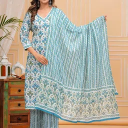 TOULIN Floral Printed Regular Pure Cotton Straight Kurta with Trousers & With Dupatta-1