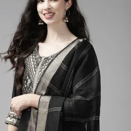 Indo Era Women Black Yoke Design Regular Kurta with Palazzos & Dupatta-image-39
