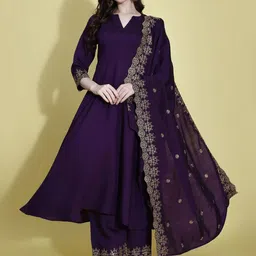 KALINI Ethnic Motifs Embroidered Mandarin Collar Anarkali Kurta with Palazzos & Dupatta-4