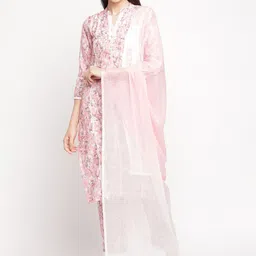 Be Indi Women Floral Printed Straight Cotton Linen Kurta Set with Trouser & Dupatta-18