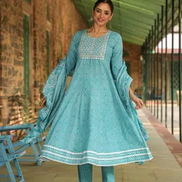 AHIKA Bandhani Printed A-Line Thread Work Kurta With Trousers & Dupatta-21