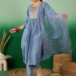 Sangria Floral Embroidered Round Neck Sequinned Kurta With Trousers & Dupatta-image-45