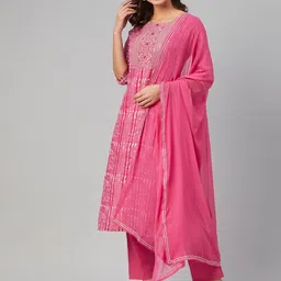 Yuris Women Pink Striped Regular Pure Cotton Kurta with Trousers & Dupatta-49