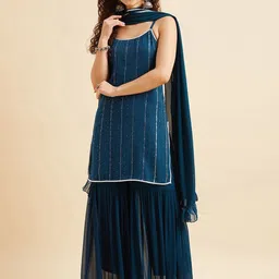 PANIT Teal Blue Striped Embroidered Gotta Patti Straight Kurti & Sharara With Dupatta-14