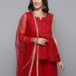 Kvsfab Women Red Floral Embroidered Panelled Sequinned Kurti with Sharara & With Dupatta-picture-5