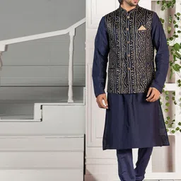 KISAH Men Navy Blue Kurta with Pyjamas & Nehru Jacket-picture-29