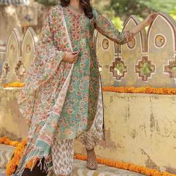 Lookmark Women Floral Printed Regular Kurta with Pyjamas & With Dupatta-image-21