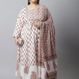 Rajnandini Plus Size Floral Printed Pure Cotton A-line Kurta With Trousers & Dupatta-19