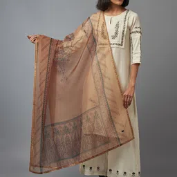 WISHFUL Tan & Teal Ethnic Motifs Printed Organza Dupatta-46