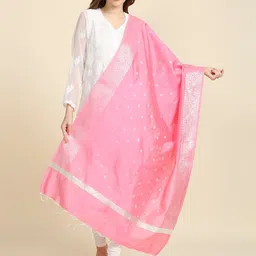 Dupatta Bazaar Pink & Silver-Toned Ethnic Motifs Woven Design Dupatta-image-41