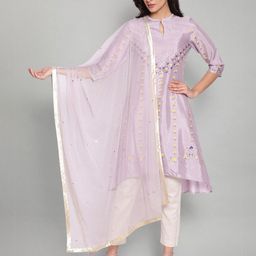 W Purple & Gold-Toned Organza Dupatta with Sequinned-35