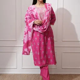 Vishudh Floral Printed Thread Work Straight Kurta with Trousers & Dupatta-picture-5