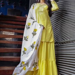 Lavanya The Label Women Yellow & White Solid Kurta with Sharara & Dupatta-20