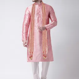 SG LEMAN Men Peach-Coloured Raw Silk Kurta with Churidar & With Dupatta-11