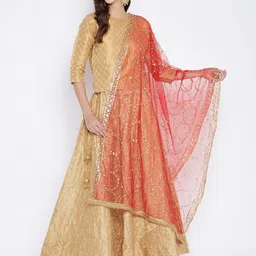 Clora Creation Red & Gold-Coloured Embroidered Dupatta with Sequinned-61